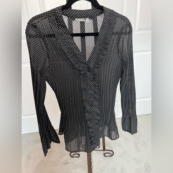 Elegant black with white dots, ruffle front V neck button down blouse - Picture 5 of 6